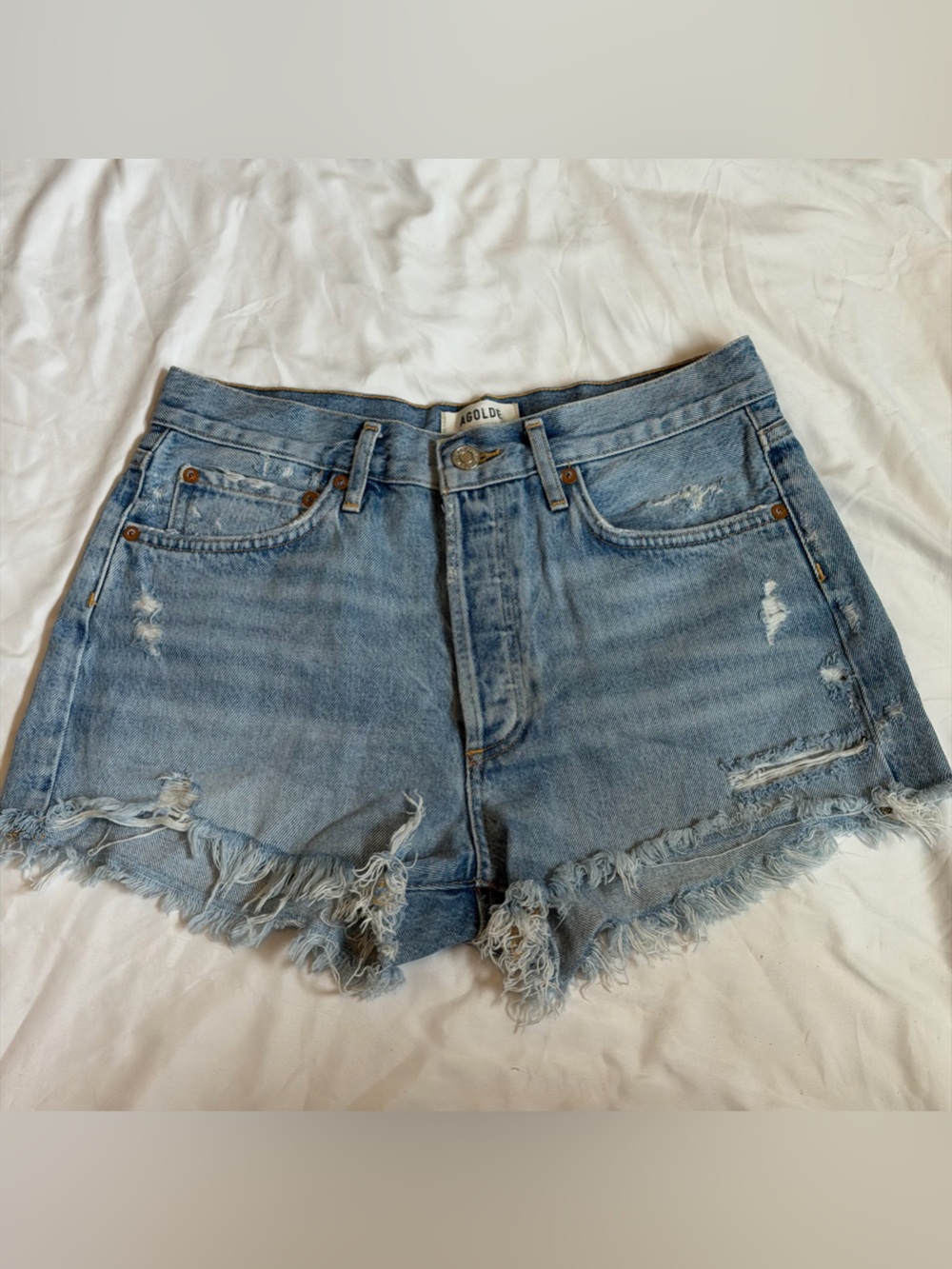 Agolde Light Blue Distressed Denim Shorts